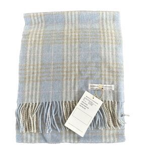 Berkley Wool Scarf  100% Cashmere Plaid Baby Blue, Light Gray with 3" Fringe NEW
